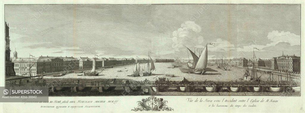Stock Photo: 4266-20342 View of the Neva River between the Isaac church and the Cadet Corps (Book to the 50th anniversary of St Petersburg) by Vasilyev, Yakov Vasilyevich (1730-1760)/ Russian National Library, St. Petersburg/ 1753/ Russia/ Copper engraving/ Classicism/ 49,2x135