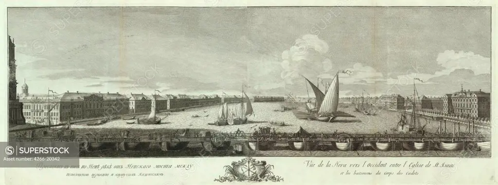 View of the Neva River between the Isaac church and the Cadet Corps (Book to the 50th anniversary of St Petersburg) by Vasilyev, Yakov Vasilyevich (1730-1760)/ Russian National Library, St. Petersburg/ 1753/ Russia/ Copper engraving/ Classicism/ 49,2x135