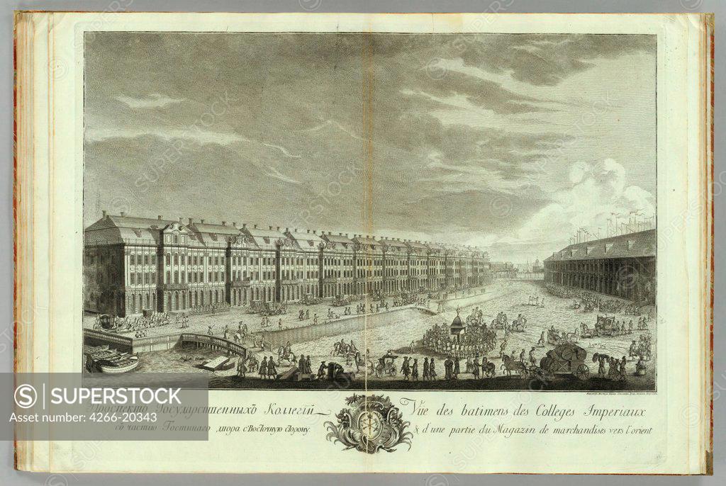 Stock Photo: 4266-20343 View of the Twelve Collegia building in Saint Petersburg (Book to the 50th anniversary of the founding of St. Petersburg) by Vnukov, Yekim Terentiyevich (1723/25-1762/63)/ Russian National Library, St. Petersburg/ 1753/ Russia/ Copper engraving/ Classici