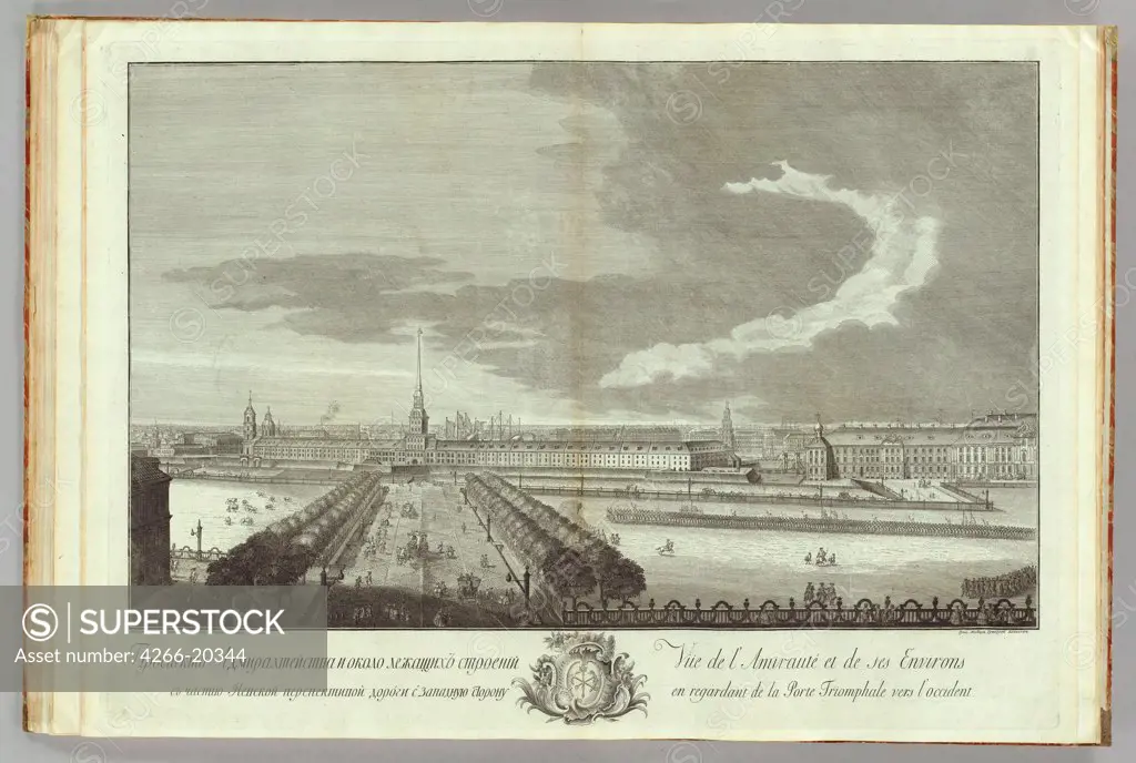 Nevsky Prospekt with the Admirality view (Book to the 50th anniversary of the founding of St. Petersburg) by Kachalov, Grigory Anikeevich (1711-1759)/ Russian National Library, St. Petersburg/ 1753/ Russia/ Copper engraving/ Classicism/ Landscape