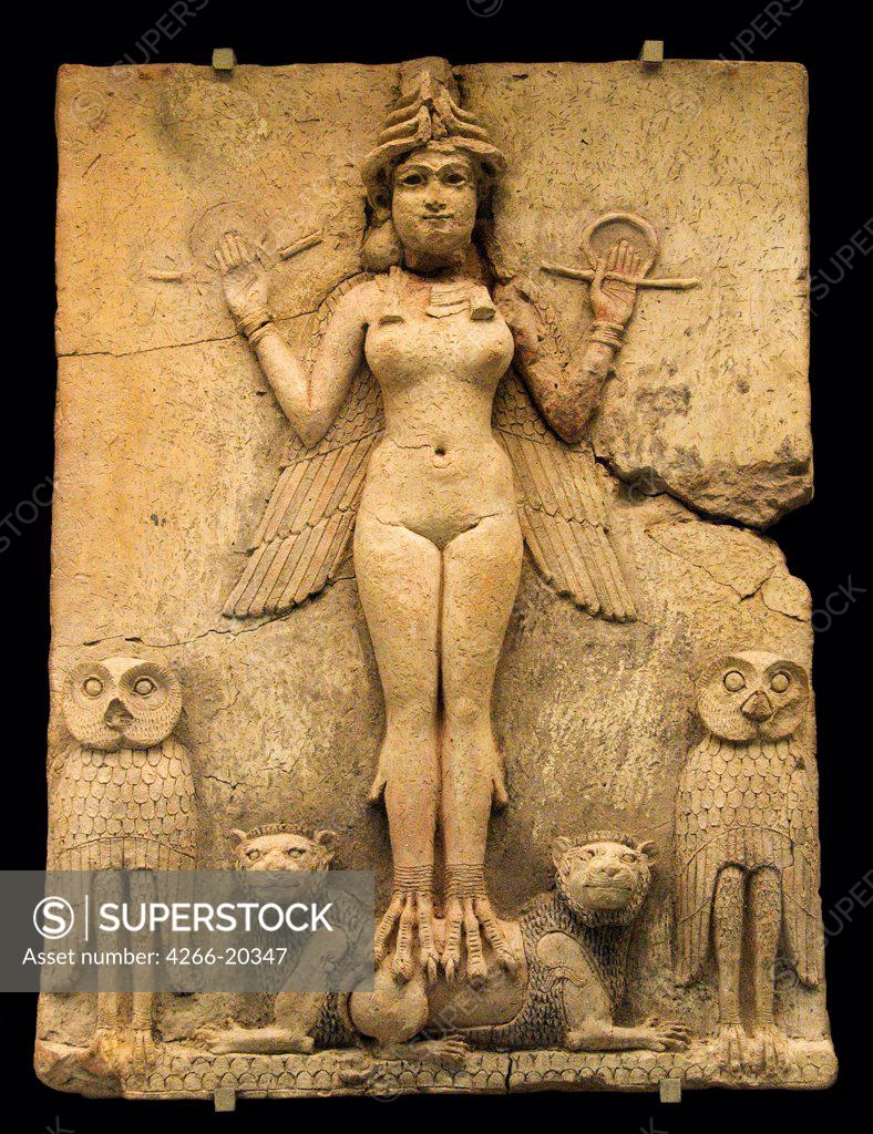 Stock Photo: 4266-20347 Ishtar, Queen of Night by Assyrian Art  / British Museum, London/ 19th century BC/ Limestone/ The Oriental Arts/ 49,5x37/ Mythology, Allegory and Literature