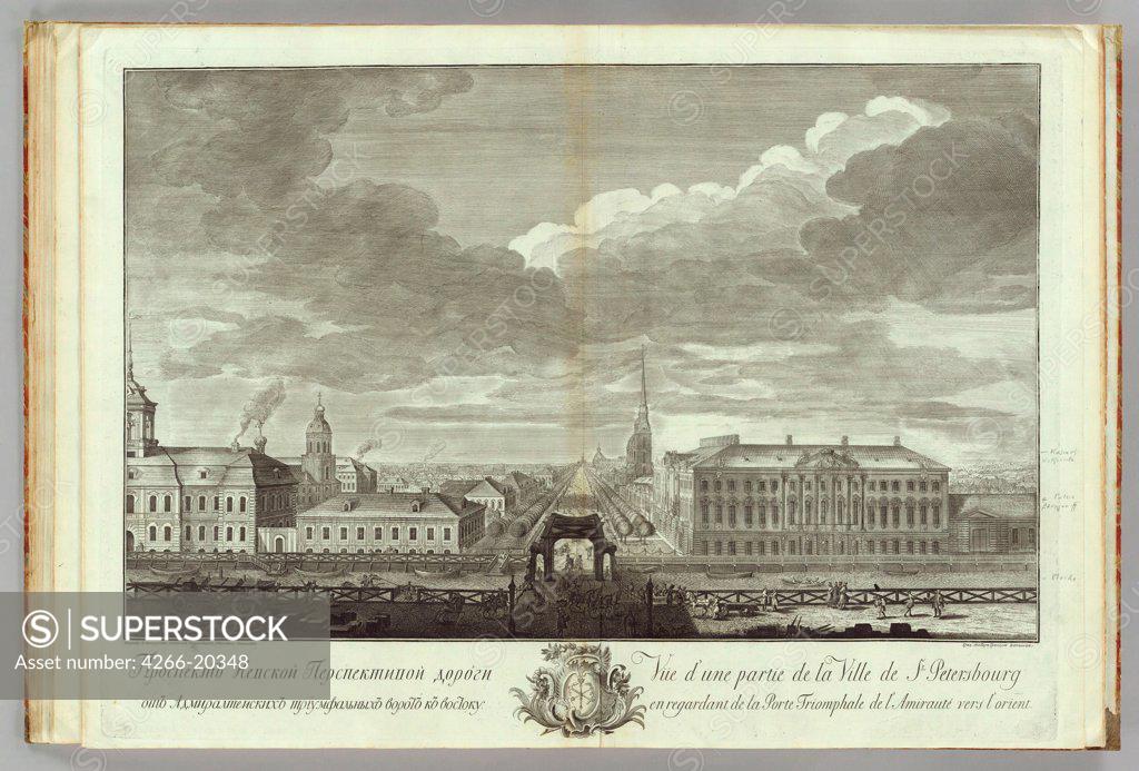 Stock Photo: 4266-20348 Nevsky Prospekt with the Stroganov Palace (Book to the 50th anniversary of the founding of St. Petersburg) by Kachalov, Grigory Anikeevich (1711-1759)/ Russian National Library, St. Petersburg/ 1753/ Russia/ Copper engraving/ Classicism/ Landscape