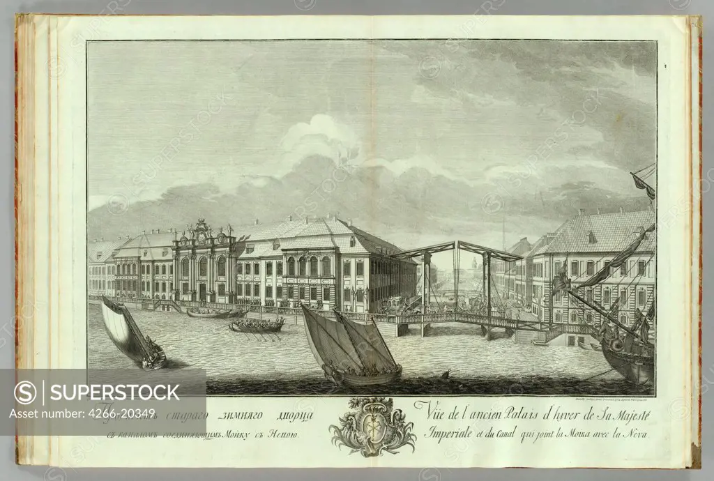 The second Winter Palace with Canal and Bridge (Book to the 50th anniversary of the founding of St. Petersburg) by Vinogradov, Yefim Grigoryevich (1725/28-1769)/ Russian National Library, St. Petersburg/ 1753/ Russia/ Copper engraving/ Classicism/ 49,5x6