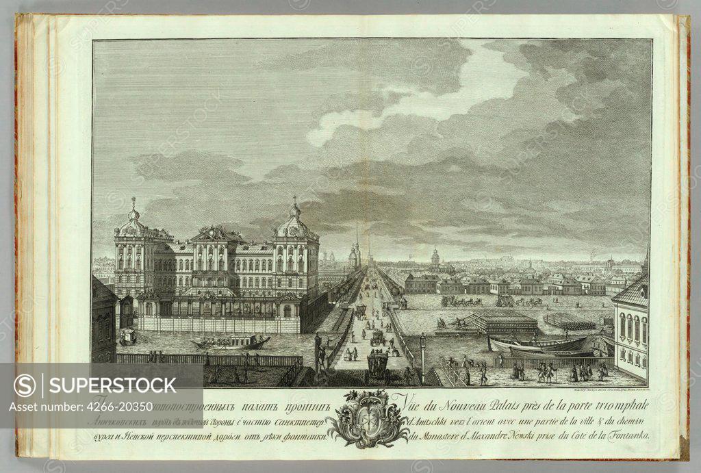 Stock Photo: 4266-20350 The Newly-Built Chambers Opposite the Anichkov gates (Book to the 50th anniversary of the founding of St. Petersburg) by Vasilyev, Yakov Vasilyevich (1730-1760)/ Russian National Library, St. Petersburg/ 1753/ Russia/ Copper engraving/ Classicism/ Landsc