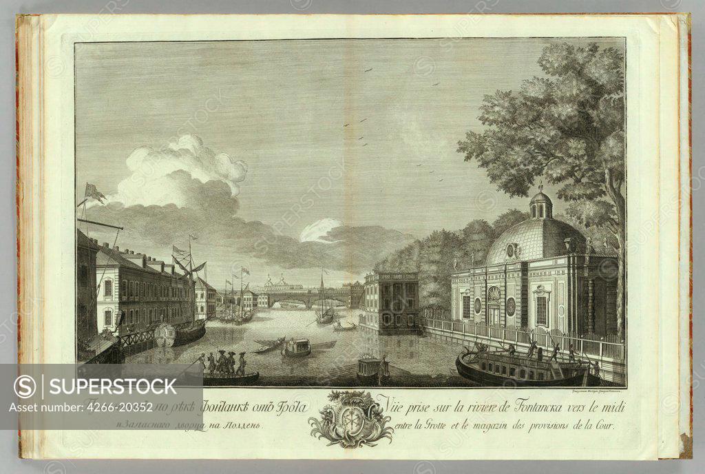 Stock Photo: 4266-20352 View of the Fontanka River from the Grotto (Book to the 50th anniversary of the founding of St. Petersburg) by Kachalov, Grigory Anikeevich (1711-1759)/ Russian National Library, St. Petersburg/ 1753/ Russia/ Copper engraving/ Classicism/ Landscape