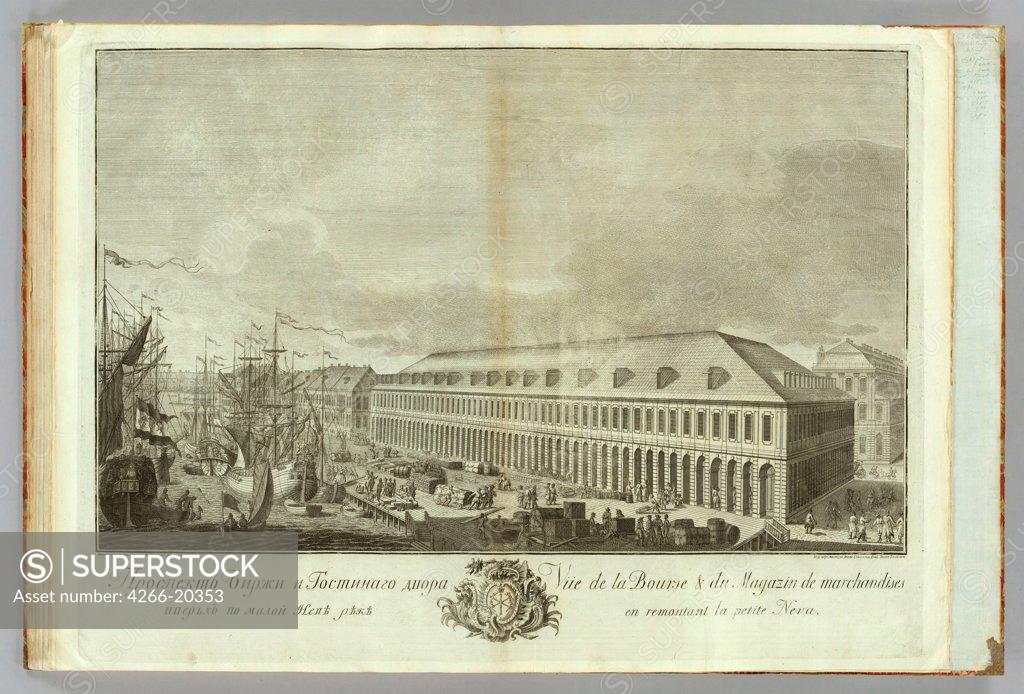 Stock Photo: 4266-20353 Stock exchange in Saint Petersburg (Book to the 50th anniversary of the founding of St. Petersburg) by Elyakov, Ivan Petrovich (1725-1756)/ Russian National Library, St. Petersburg/ 1753/ Russia/ Copper engraving/ Classicism/ Landscape