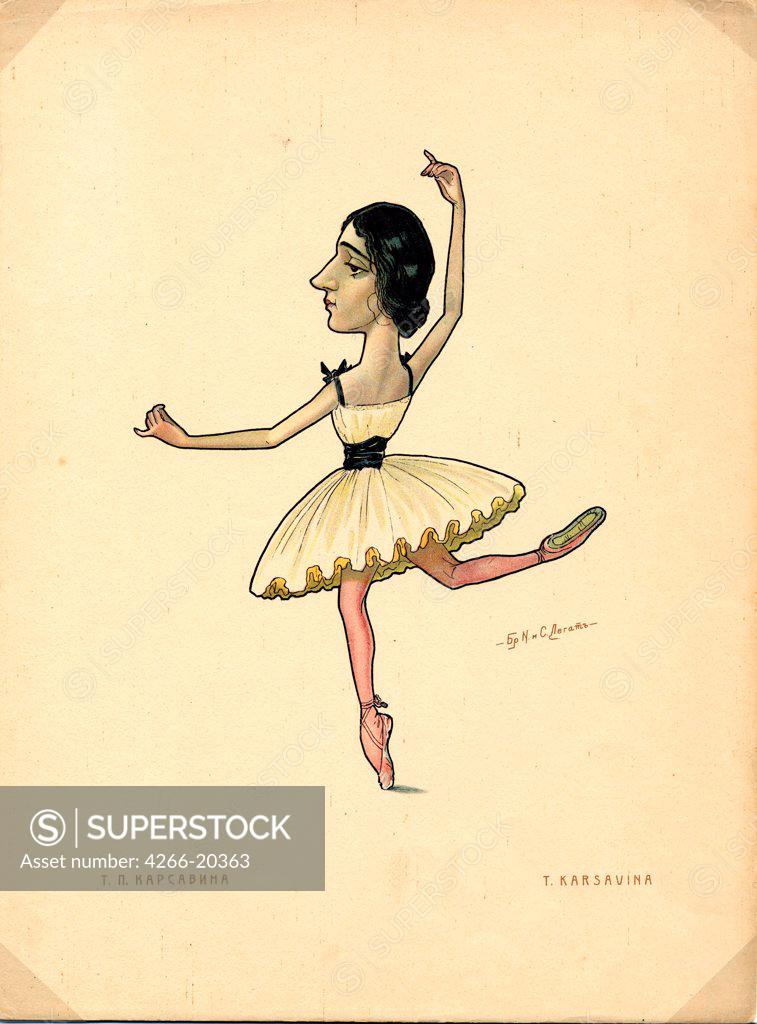 Stock Photo: 4266-20363 Ballet dancer Tamara Karsavina (From: Russian Ballet in Caricatures) by Legat, Nikolai Gustavovich (1869-1937)/ Private Collection/ 1902-1905/ Russia/ Colour lithograph/ Caricature/ Music, Dance,Opera, Ballet, Theatre,Portrait