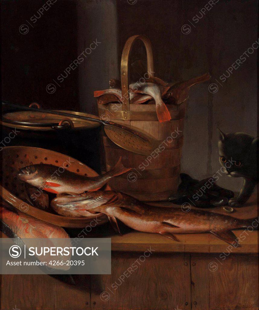 Stock Photo: 4266-20395 Still life with fish and a cat by Vaillant, Wallerant (1623-1677)/ Museum Boijmans Van Beuningen, Rotterdam/ c. 1650-1660/ Holland/ Oil on wood/ Baroque/ 71,5x62/ Still Life