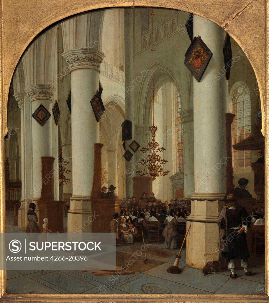 Stock Photo: 4266-20396 View inside the Saint Bavo church in Haarlem during mass by Vliet, Hendrick Cornelisz. van (1611-1675)/ Museum Boijmans Van Beuningen, Rotterdam/ 1666/ Holland/ Oil on wood/ Baroque/ 61x55/ Architecture, Interior