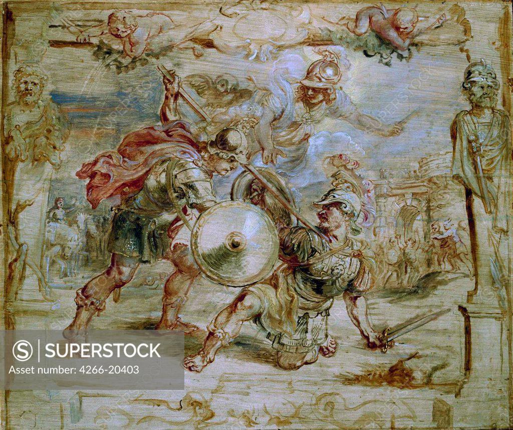Stock Photo: 4266-20403 The death of Hector by Rubens, Pieter Paul (1577-1640)/ Museum Boijmans Van Beuningen, Rotterdam/ 1630-1635/ Flanders/ Oil on wood/ Baroque/ 44,4x53/ Mythology, Allegory and Literature