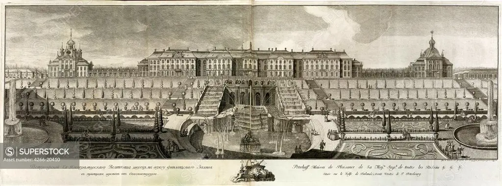 View of the Great Palace in Peterhof by Artemyev, Prokofy Artemyevich (1733/36-1811)/ State A. Pushkin Museum of Fine Arts, Moscow/ 1761/ Russia/ Copper engraving/ Rococo/ 13,2x47/ Architecture, Interior,Landscape