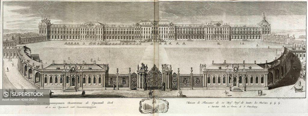 Stock Photo: 4266-20411 View of the Catherine Palace in Tsarskoye Selo by Artemyev, Prokofy Artemyevich (1733/36-1811)/ State A. Pushkin Museum of Fine Arts, Moscow/ 1761/ Russia/ Copper engraving/ Rococo/ Architecture, Interior,Landscape