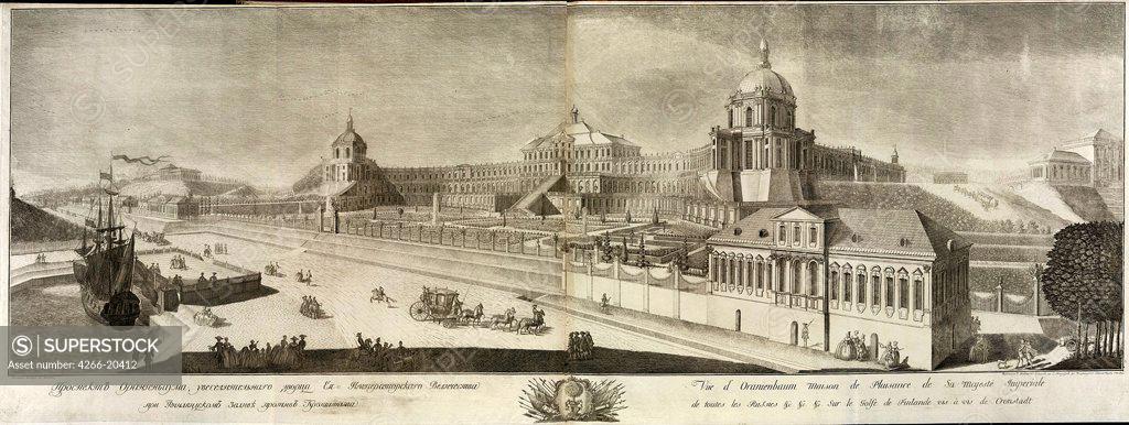 Stock Photo: 4266-20412 View of the Grand Oranienbaum Palace by Artemyev, Prokofy Artemyevich (1733/36-1811)/ State A. Pushkin Museum of Fine Arts, Moscow/ 1761/ Russia/ Copper engraving/ Rococo/ Architecture, Interior,Landscape