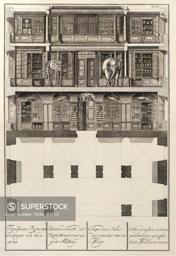 Stock Photo: 4266-20413 Kunstkammer (From: The building of the Imperial Academy of Sciences) by Wortmann, Christian Albrecht (1680-1760)/ Museum of Fine Arts Academy, St. Petersburg/ 1741/ Germany/ Etching/ Baroque/ Architecture, Interior