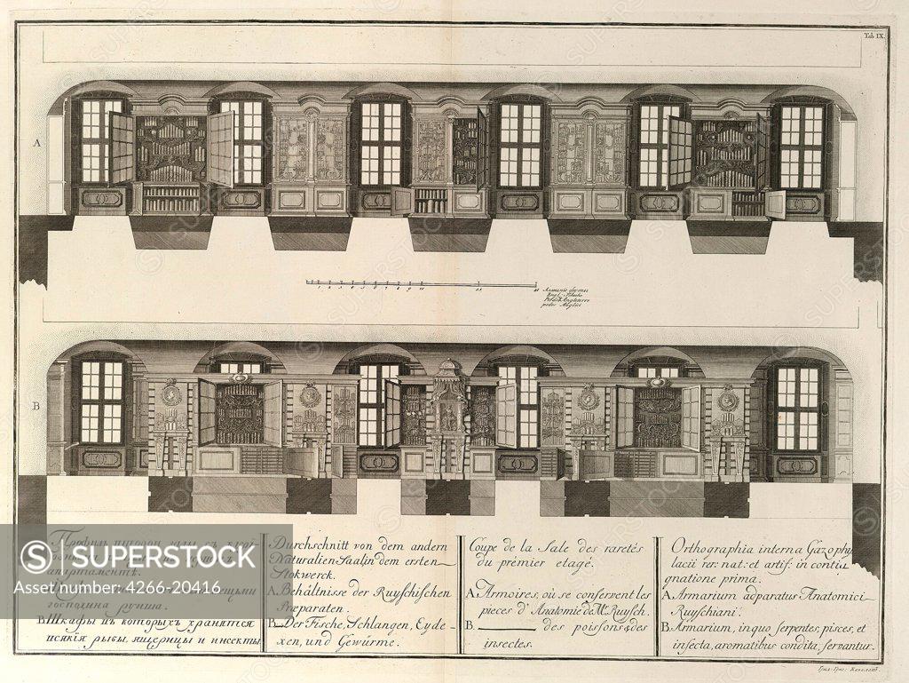 Stock Photo: 4266-20416 Kunstkammer (From: The building of the Imperial Academy of Sciences) by Wortmann, Christian Albrecht (1680-1760)/ Museum of Fine Arts Academy, St. Petersburg/ 1741/ Germany/ Etching/ Baroque/ Architecture, Interior