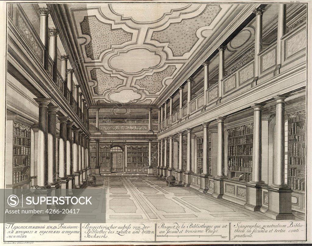 Stock Photo: 4266-20417 Library (From: The building of the Imperial Academy of Sciences) by Wortmann, Christian Albrecht (1680-1760)/ Museum of Fine Arts Academy, St. Petersburg/ 1741/ Germany/ Etching/ Baroque/ Architecture, Interior