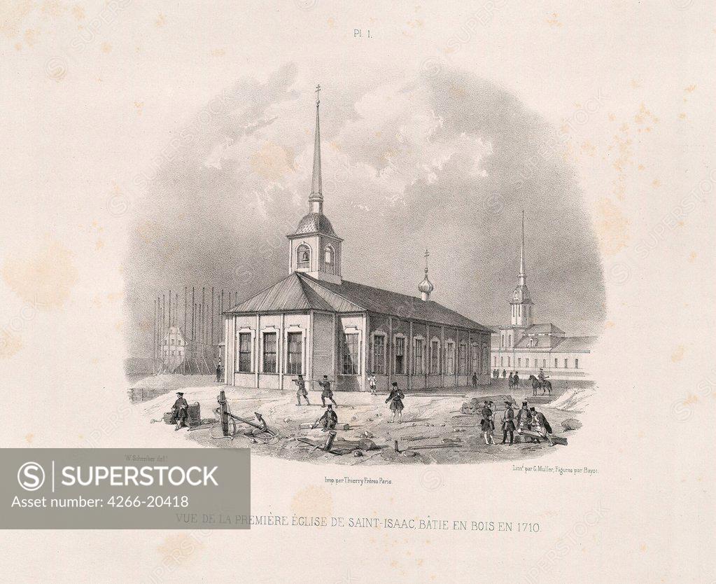 Stock Photo: 4266-20418 Vief of the first first St. Isaac's Church in 1710 (From: The Construction of the Saint Isaac's Cathedral) by Montferrand, Auguste, de (1786-1858)/ Private Collection/ 1845/ France/ Lithograph/ Classicism/ Architecture, Interior,Landscape
