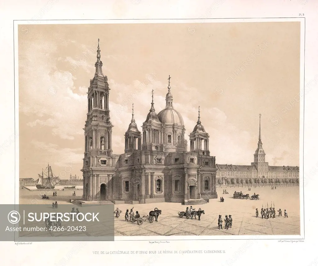 View of the Saint Isaac's Cathedral at the Time of Catherine II (From: The Construction of the Saint Isaac's Cathedral) by Montferrand, Auguste, de (1786-1858)/ Private Collection/ 1845/ France/ Lithograph/ Classicism/ Architecture, Interior