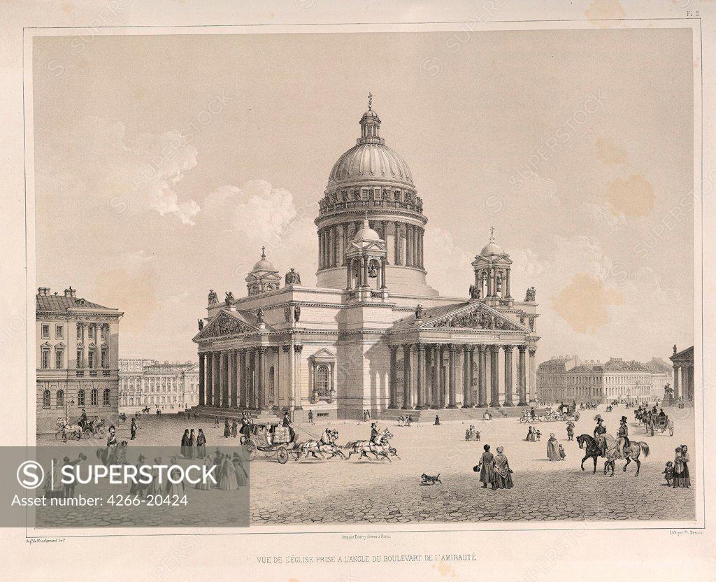 Stock Photo: 4266-20424 Saint Isaac's Cathedral As Seen From The Admiralteysky Prospekt (From: The Construction of the Saint Isaac's Cathedral) by Montferrand, Auguste, de (1786-1858)/ Private Collection/ 1845/ France/ Lithograph/ Classicism/ Architecture, Interior