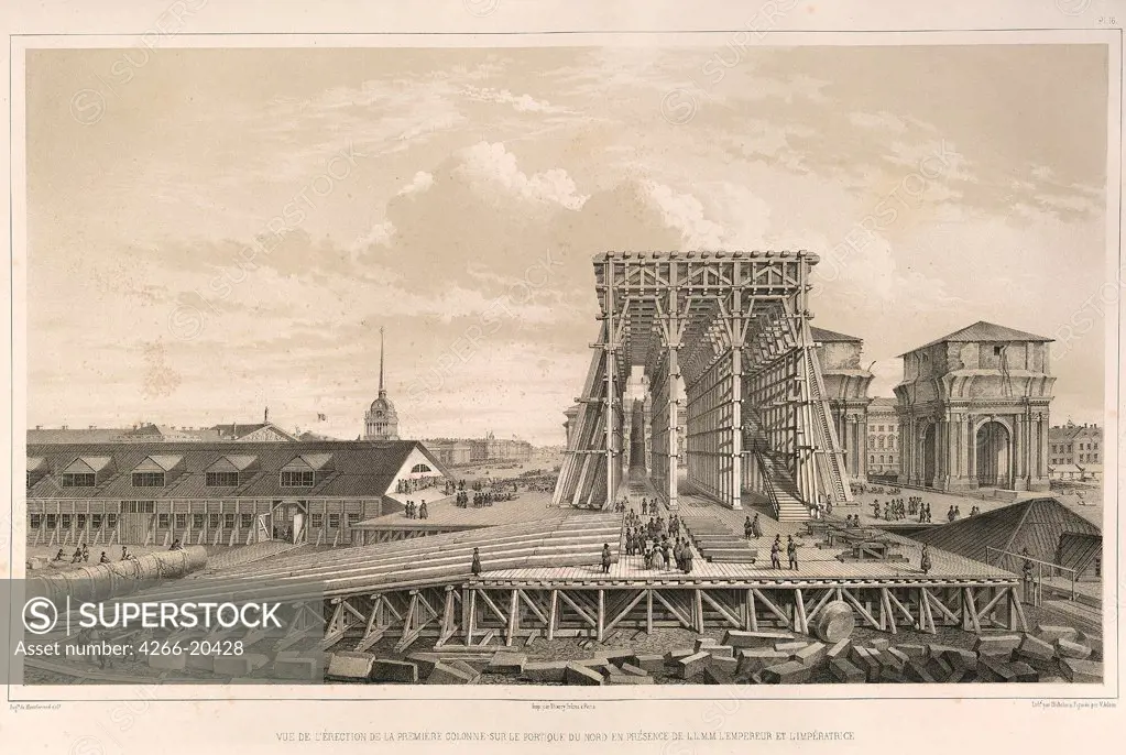 The first column on the construction (From: The Construction of the Saint Isaac's Cathedral) by Montferrand, Auguste, de (1786-1858)/ Private Collection/ 1845/ France/ Lithograph/ Classicism/ Genre
