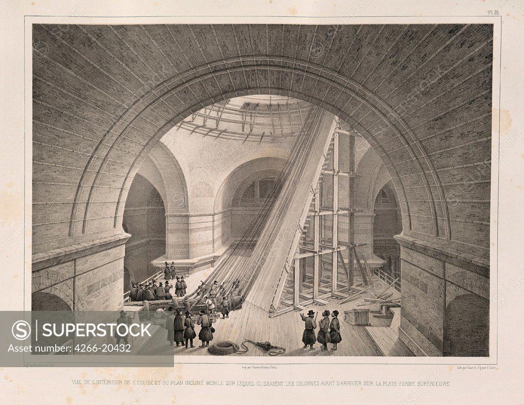 Stock Photo: 4266-20432 Inside view of the Cathedral and a ramp (From: The Construction of the Saint Isaac's Cathedral) by Montferrand, Auguste, de (1786-1858)/ Private Collection/ 1845/ France/ Lithograph/ Classicism/ Architecture, Interior