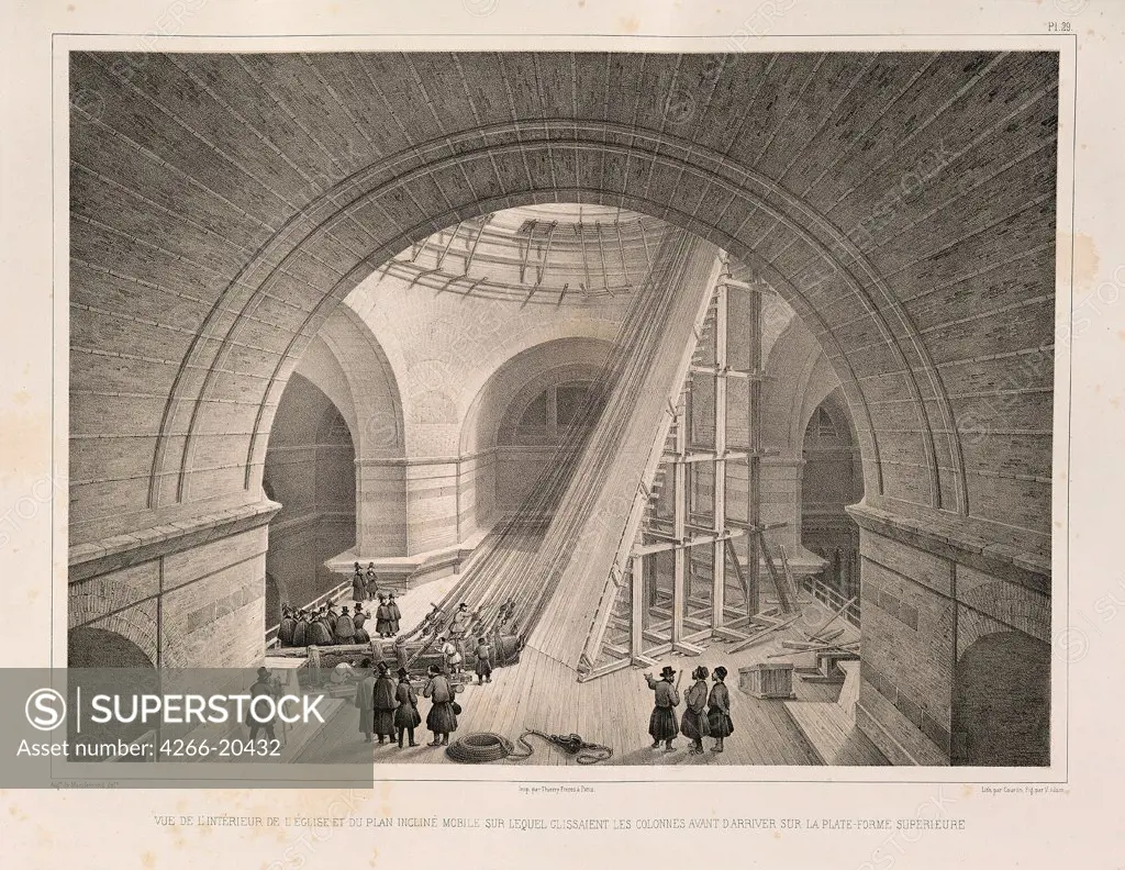 Inside view of the Cathedral and a ramp (From: The Construction of the Saint Isaac's Cathedral) by Montferrand, Auguste, de (1786-1858)/ Private Collection/ 1845/ France/ Lithograph/ Classicism/ Architecture, Interior