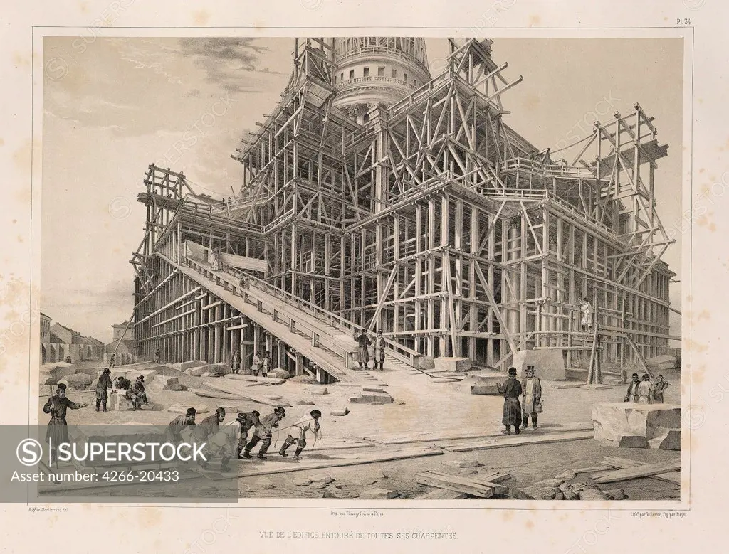 View of the Cathedral surrounded by wooden scaffolding (From: The Construction of the Saint Isaac's Cathedral) by Montferrand, Auguste, de (1786-1858)/ Private Collection/ 1845/ France/ Lithograph/ Classicism/ Architecture, Interior
