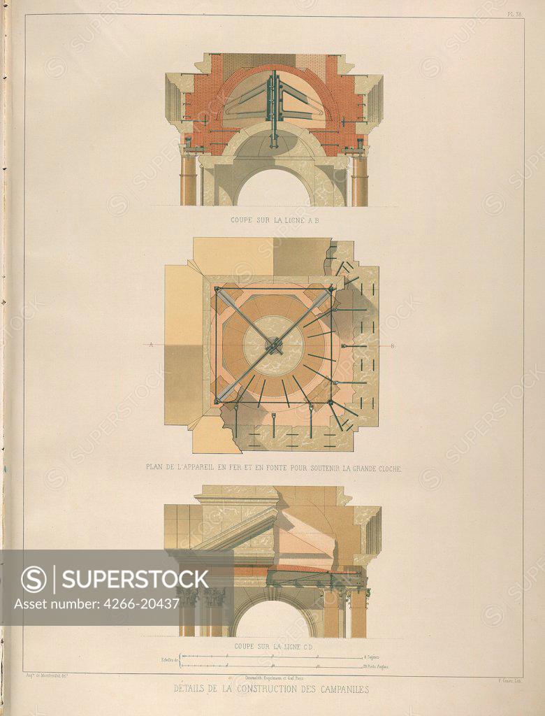 Stock Photo: 4266-20437 Detail of the bell tower construction (From: The Construction of the Saint Isaac's Cathedral) by Montferrand, Auguste, de (1786-1858)/ Private Collection/ 1845/ France/ Lithograph/ Classicism/ Architecture, Interior