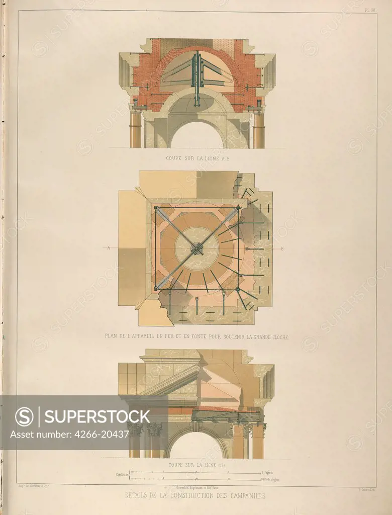 Detail of the bell tower construction (From: The Construction of the Saint Isaac's Cathedral) by Montferrand, Auguste, de (1786-1858)/ Private Collection/ 1845/ France/ Lithograph/ Classicism/ Architecture, Interior