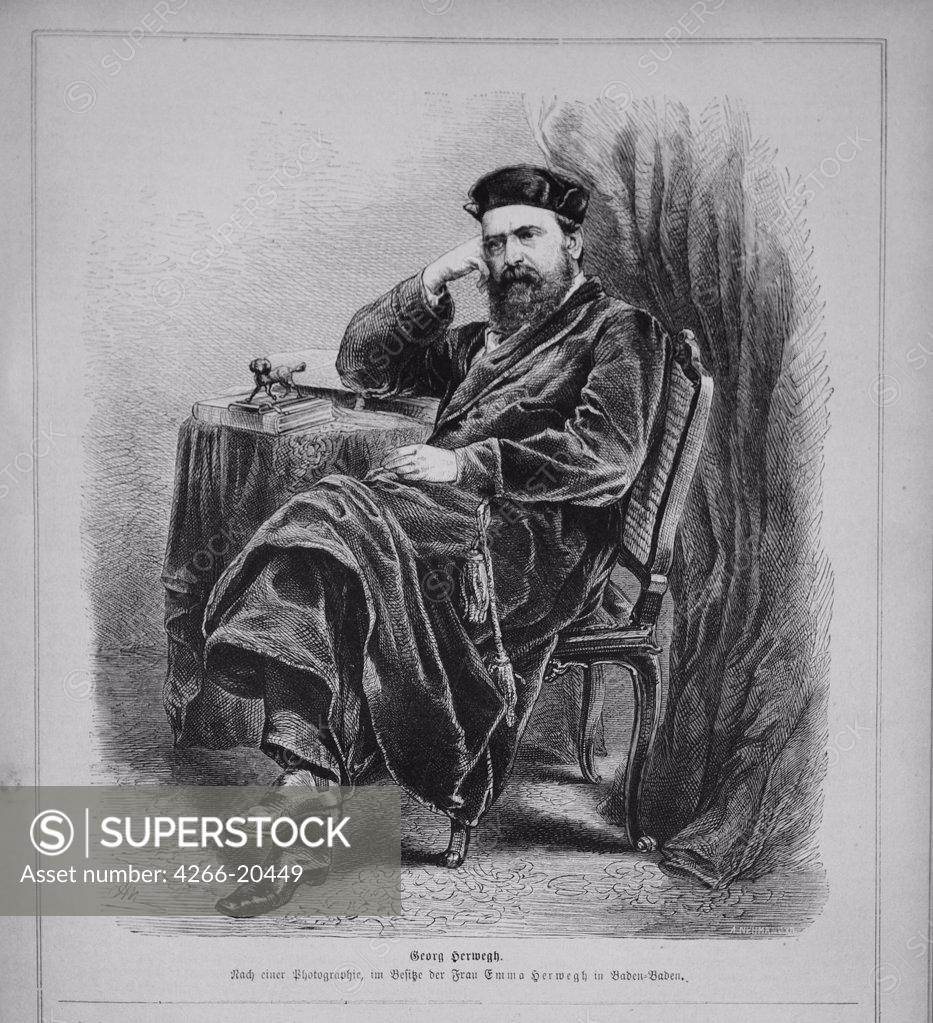 Stock Photo: 4266-20449 Georg Herwegh (1817-1875) by Anonymous  / Private Collection/ 1870s/ Germany/ Lithograph/ Neoclassicism/ Portrait