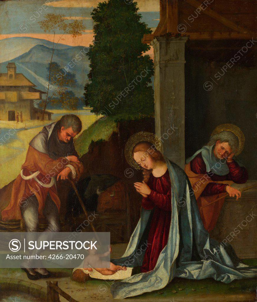 Stock Photo: 4266-20470 The Nativity by Mazzolino, Ludovico (1480-1528)/ National Gallery, London/ c. 1505/ Italy, School of Ferrara/ Oil on wood/ Renaissance/ 39,4x34,3/ Bible