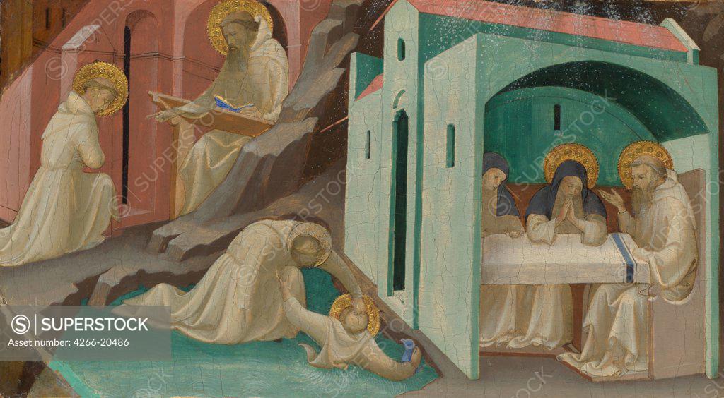Stock Photo: 4266-20486 Incidents in the Life of Saint Benedict by Lorenzo Monaco (ca. 1370-1425)/ National Gallery, London/ 1408/ Italy, Florentine School/ Tempera on panel/ Gothic/ 28,4x52/ Bible