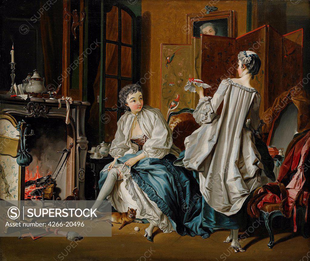 Stock Photo: 4266-20496 Morning toilet (After Francois Boucher) by Hillestrom, Pehr (1732-1816)/ Private Collection/ Sweden/ Oil on canvas/ Rococo/ 53x63/ Genre