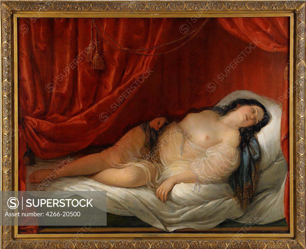 Stock Photo: 4266-20500 An odalisque in red interior by Schiavoni, Natale (1777-1858)/ Private Collection/ Early 19th cen./ Italy/ Oil on canvas/ Classicism/ 120x154/ Genre,Nude painting