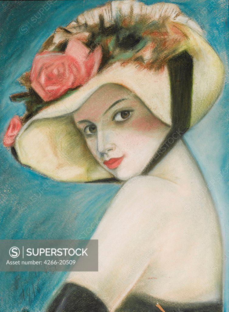 Stock Photo: 4266-20509 Lady in Hat by Della-Vos-Kardovskaya, Olga Ludvigovna (1875-1952)/ Private Collection/ 1916/ Russia/ Pastel on paper/ Russian Painting, End of 19th - Early 20th cen./ 45,1x34,3/ Portrait,Genre