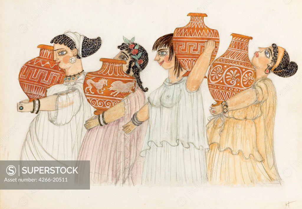 Stock Photo: 4266-20511 Costume design for the play Lysistrata by Aristophanes by Goncharova, Natalia Sergeevna (1881-1962)/ Private Collection/ Russia/ Watercolour and ink on paper/ Theatrical scenic painting/ 29,8x41,9/ Opera, Ballet, Theatre