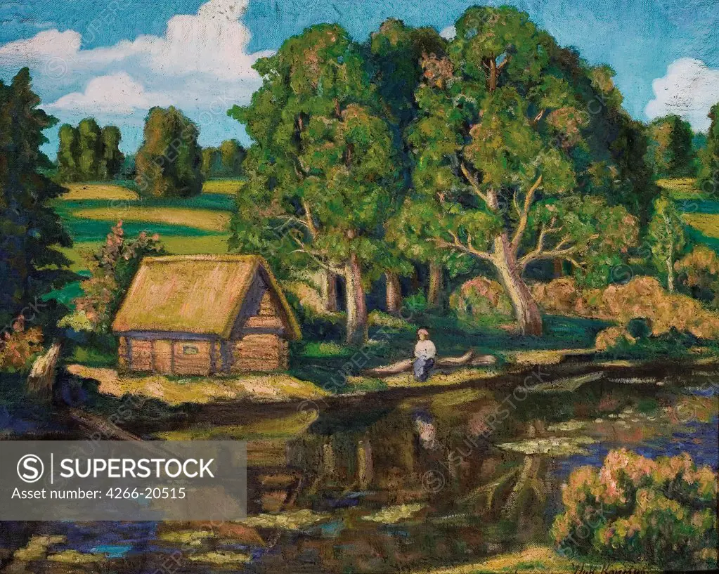 Wash House at River by Krymov, Nikolai Petrovich (1884-1958)/ Private Collection/ Russia/ Oil on canvas/ Russian Painting, End of 19th - Early 20th cen./ 50,8x62,9/ Landscape