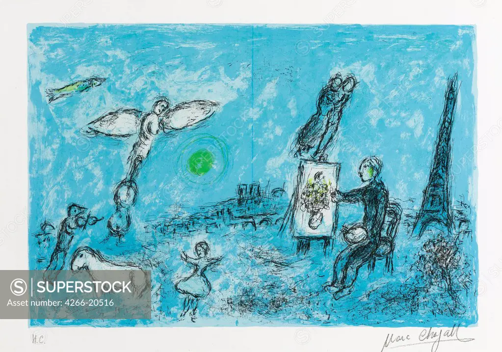Painter and His Double by Chagall, Marc (1887-1985)/ Private Collection/ 1981/ Russia/ Colour lithograph/ Modern/ 36,8x52,7/ Genre