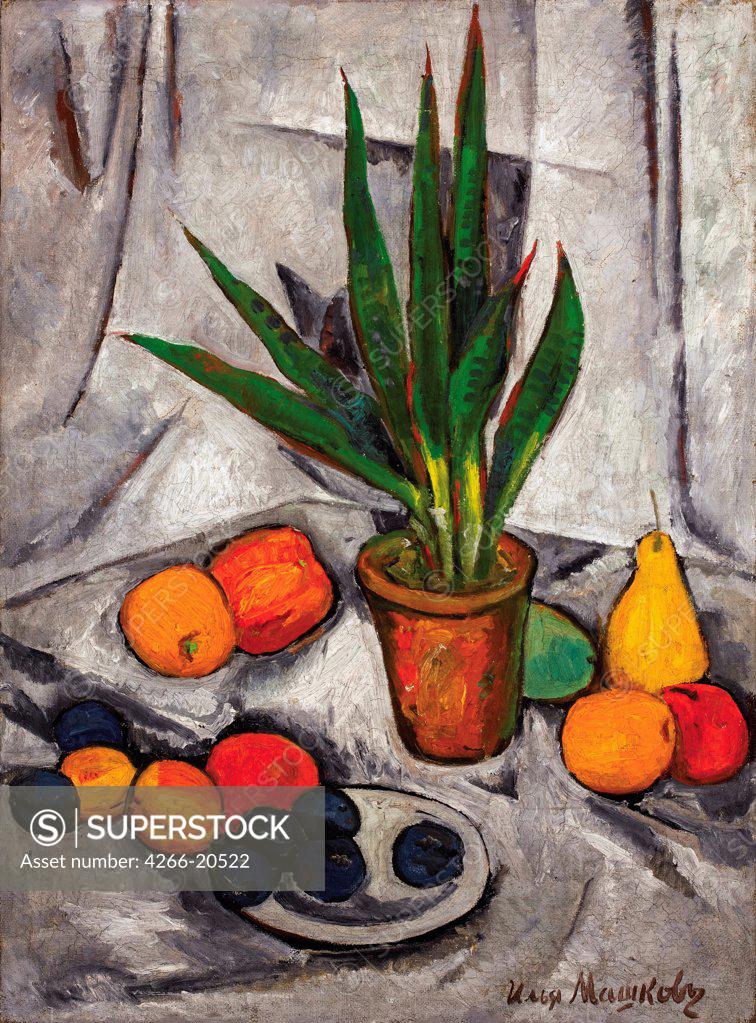 Stock Photo: 4266-20522 Still Life with Plant and Fruit by Mashkov, Ilya Ivanovich (1881-1958)/ Private Collection/ 1914-1915/ Russia/ Oil on canvas/ Russian avant-garde/ 121,9x89,5/ Still Life