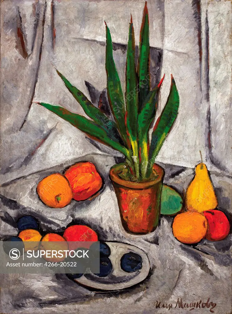 Still Life with Plant and Fruit by Mashkov, Ilya Ivanovich (1881-1958)/ Private Collection/ 1914-1915/ Russia/ Oil on canvas/ Russian avant-garde/ 121,9x89,5/ Still Life