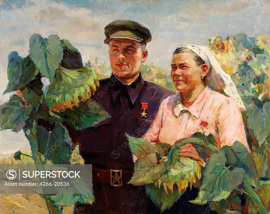 Stock Photo: 4266-20536 Heroes of Socialist Labor by Yakovenko, Elena Nikolayevna (1914-?)/ Private Collection/ 1950/ Ukraine/ Oil on canvas/ Soviet political agitation art/ 96,5x119,4/ Genre