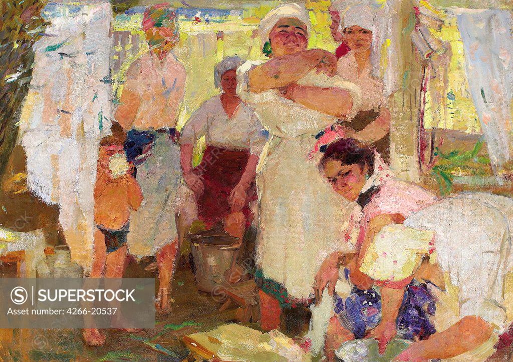 Stock Photo: 4266-20537 Washing Day by Kotov, Pyotr Ivanovich (1889-1953)/ Private Collection/ 1934/ Russia/ Oil on canvas/ Soviet Art/ 83,8x119,4/ Genre