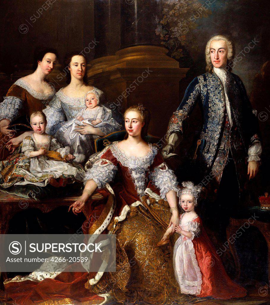 Stock Photo: 4266-20539 Augusta of Saxe-Gotha, Princess of Wales, with members of her family and household by Van Loo, Jean Baptiste (1684-1745)/ The Royal Collection, London/ 1739/ France/ Oil on canvas/ Rococo/ 220x200,7/ Portrait
