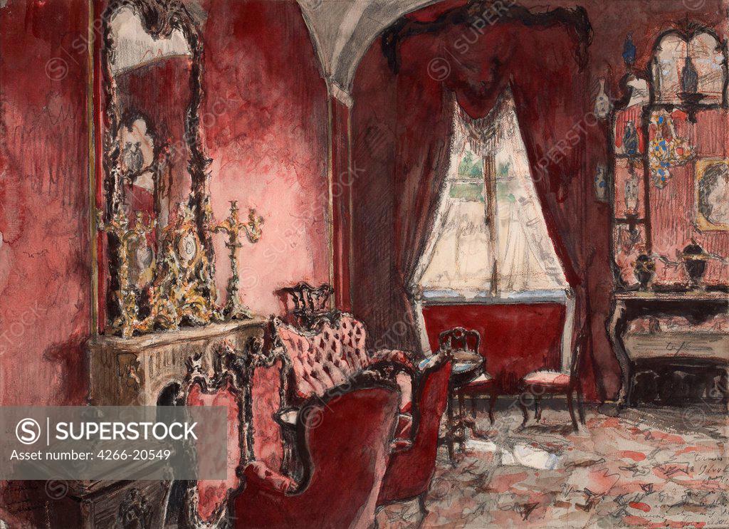 Stock Photo: 4266-20549 Interior of the Arsenal at Tsarskoye Selo by Benois, Alexander Nikolayevich (1870-1960)/ Private Collection/ Russia/ Watercolour, Gouache on Paper/ Russian Painting, End of 19th - Early 20th cen./ 30,5x41,9/ Architecture, Interior