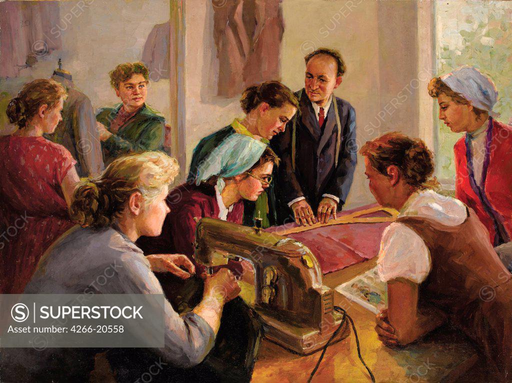Stock Photo: 4266-20558 The Sewing Lesson by Bogdanov, Valentin Alexandrovich (1919-1985)/ Private Collection/ 1960/ Russia/ Oil on canvas/ Soviet Art/ 99,1x132,1/ Genre