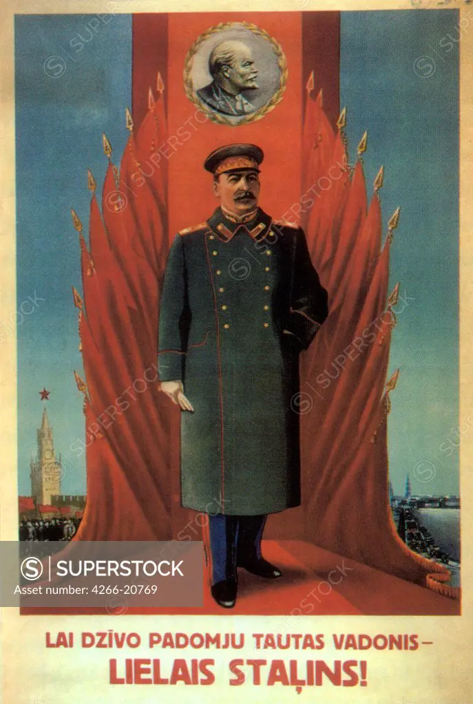 Long live the hero of the Soviet people - great Stalin! by Anonymous  / Russian State Library, Moscow/ 1949/ Latvia/ Colour lithograph/ Soviet political agitation art/ Poster and Graphic design