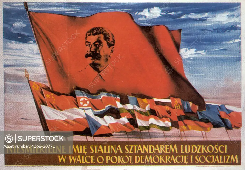 The immortal name of Stalin is a banner for mankind! by Swierzy, Waldemar (*1931)/ Russian State Library, Moscow/ 1953/ Russia/ Colour lithograph/ Soviet political agitation art/ Poster and Graphic design