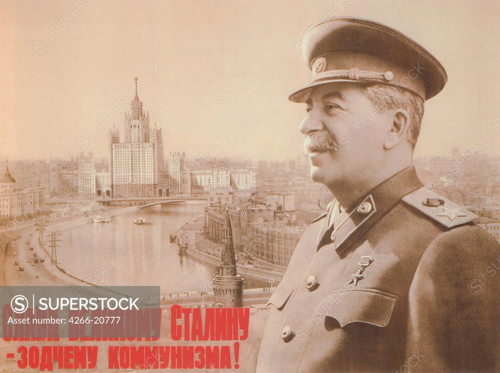 Stock Photo: 4266-20777 Glory to the Great Stalin, the Architect of Communism by Ivanov, Konstantin Konstantinovich (1921-2003)/ Russian State Library, Moscow/ 1952/ Russia/ Colour lithograph/ Soviet political agitation art/ 55x74,5/ Poster and Graphic design