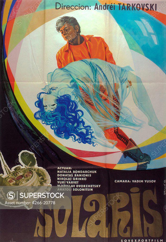 Stock Photo: 4266-20778 Movie poster 'Solaris' by Andrei Tarkovsky by Tsarev, Yuri Valentinovich (1932-1995)/ Russian State Library, Moscow/ 1972/ Russia/ Colour lithograph/ Soviet political agitation art/ Poster and Graphic design