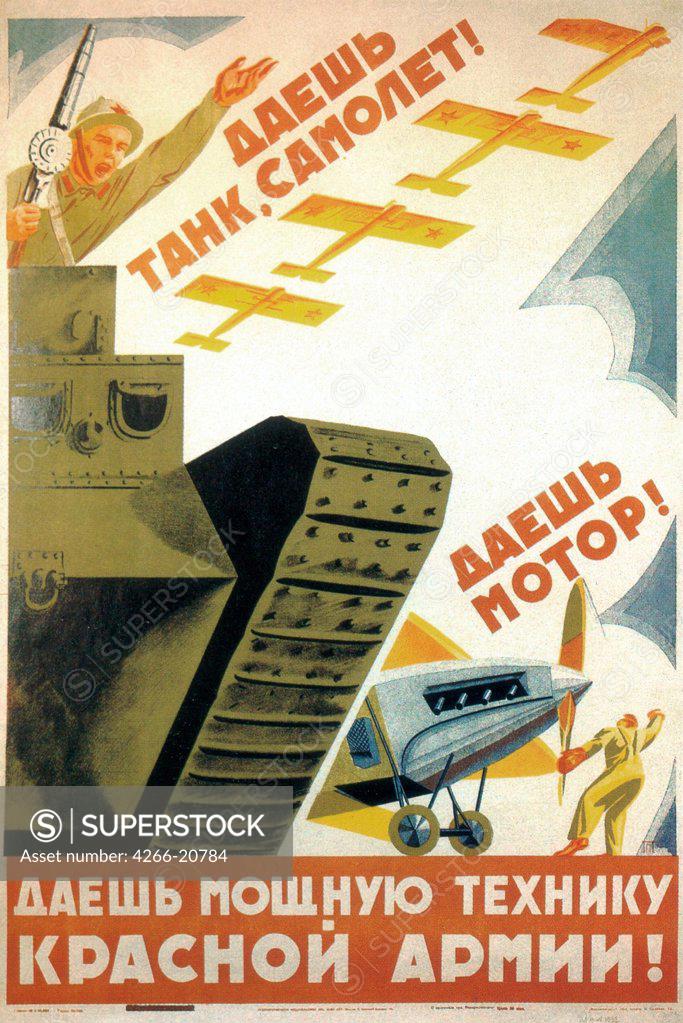 Stock Photo: 4266-20784 Tanks, airplanes! Engines! Power to the Red Army! by Pokarzhevski, Pyotr Dmitryevitsch (1889-1968)/ Russian State Library, Moscow/ Russia/ Colour lithograph/ Soviet political agitation art/ 104x70/ Poster and Graphic design